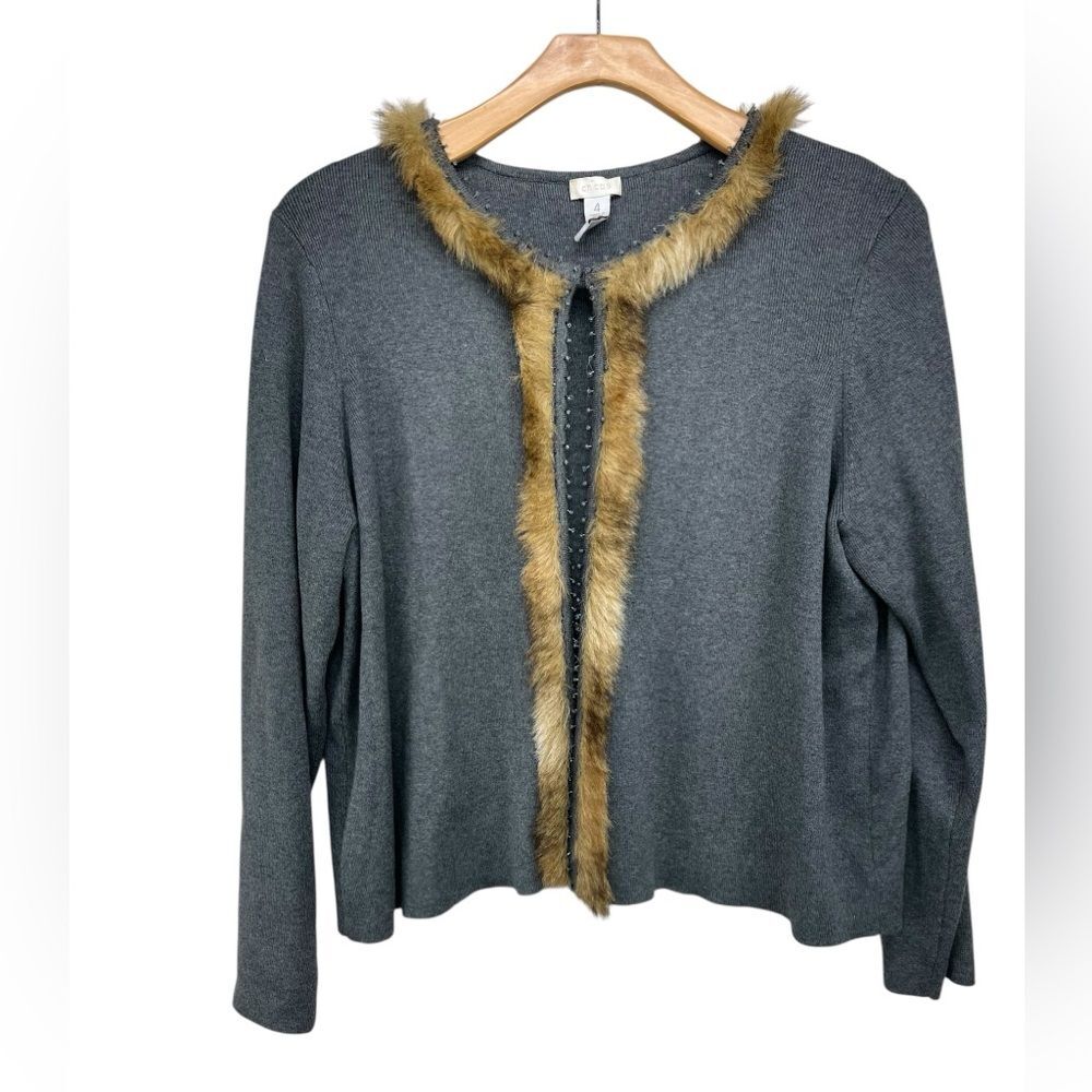 Chicos Faux Fur and Bead Trim Gray Cardigan Sweater Womens 4/XXL